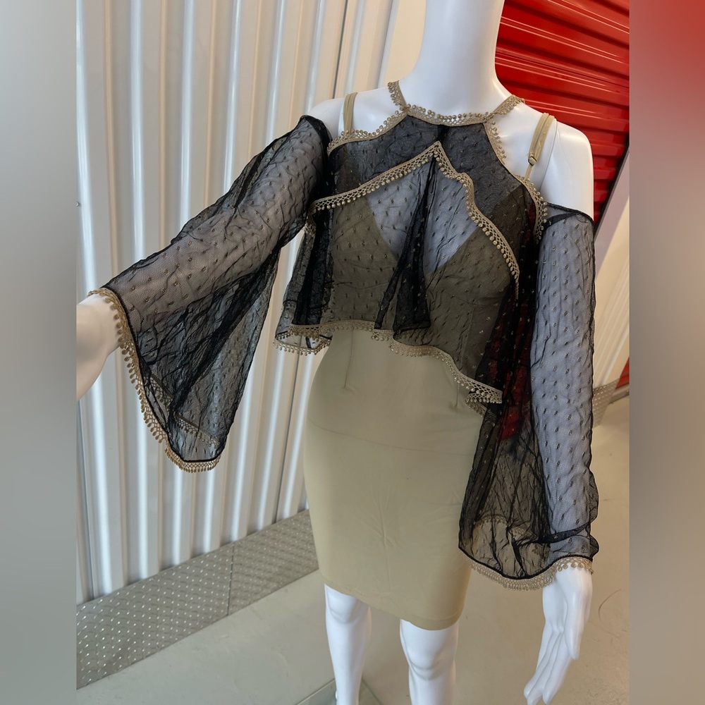 Thurley Black Sheer Blouse with Gold Accents & Nude mini dress